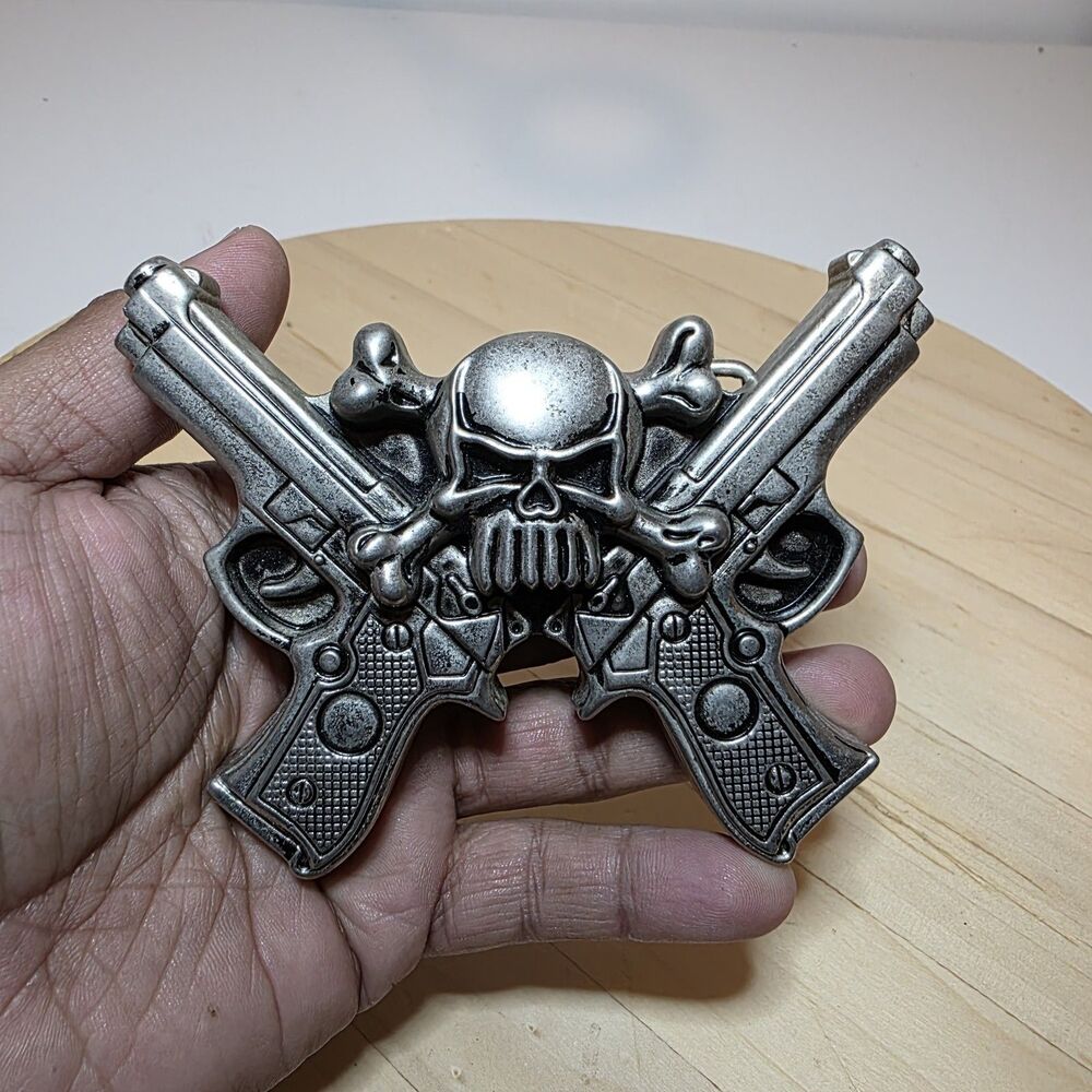Rock Rebel Large skull and crossed 2 guns belt buckle Antiqued Silver Tone 2A